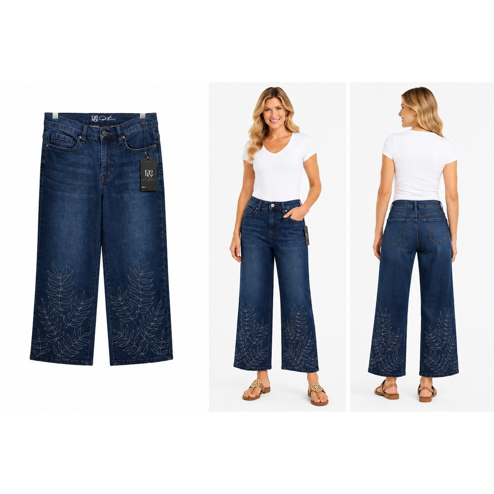DG2 Jeans 4 Boho Hippie Coastal Wide Leg Embroidery Leaf High Rise Stretch Denim